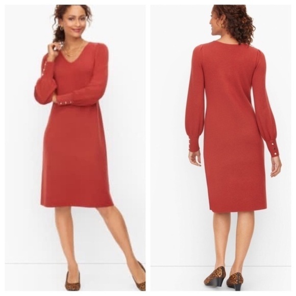Talbots Pure Soft Merino Wool V-Neck Puff Sleeve Autumn Sweater Dress SP Scallop - Picture 1 of 13